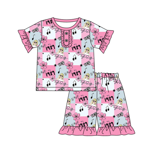 (Custom Design Preorder MOQ 5) Singer Swiftie Flowers Print Girls Summer Pajamas Clothes Set