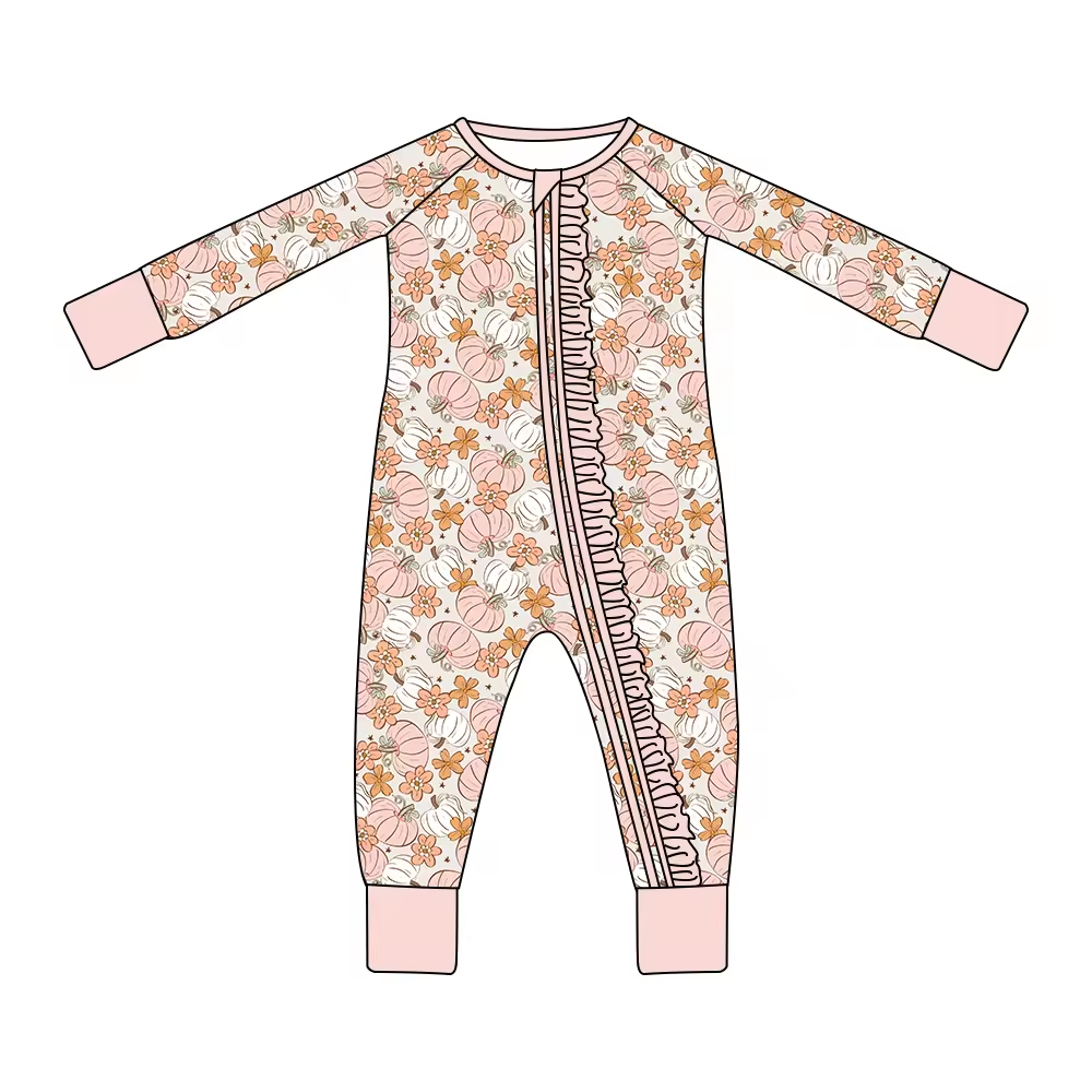 (Custom Design Preorder MOQ 5) Pink Pumpkin Print Baby Girls Fall Sleeper Zipper Romper