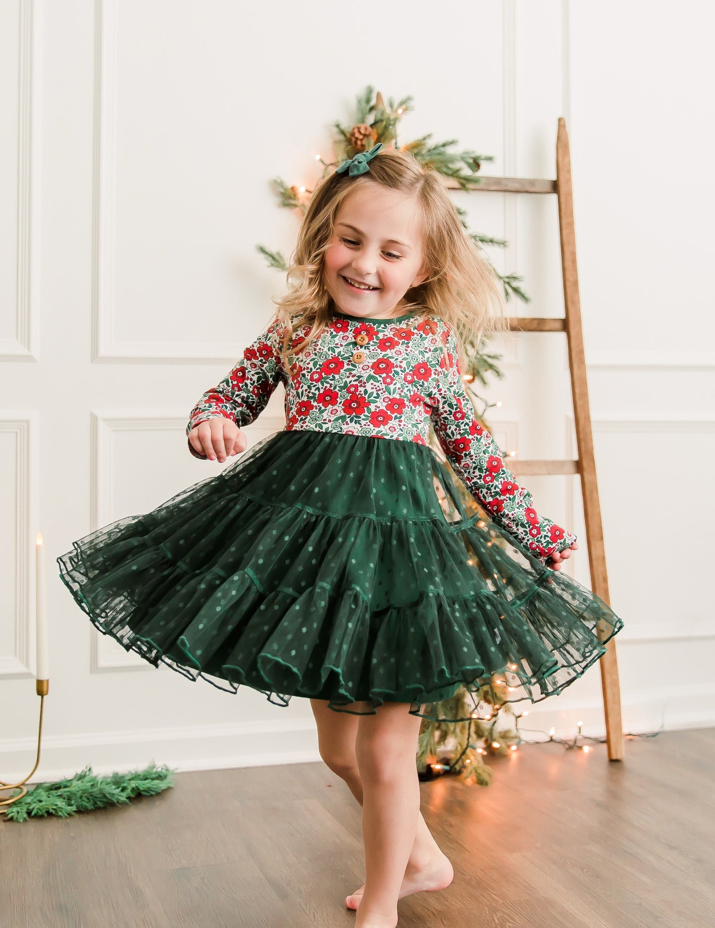 (Custom Design Preorder MOQ 5)  Flowers Print Girls Knee Length Christmas Tulle Dress