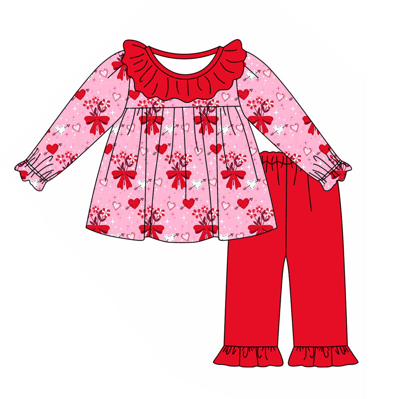 (Custom Design Preorder MOQ 5) Flowers Heart Tunic Top Red Pants Girls Valentine's Day Clothes Set