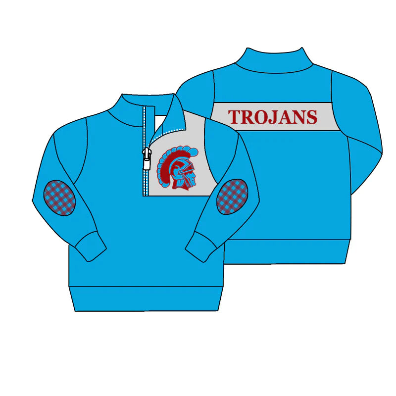 (Custom Design Preorder MOQ 5) Team's Trojans Print Boys Long Sleeve Zipper Buttons Tops