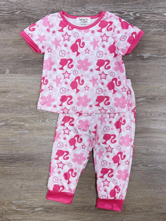 (Custom Design Preorder MOQ 5)  Pink BA Print Girls Pajamas Clothes Set