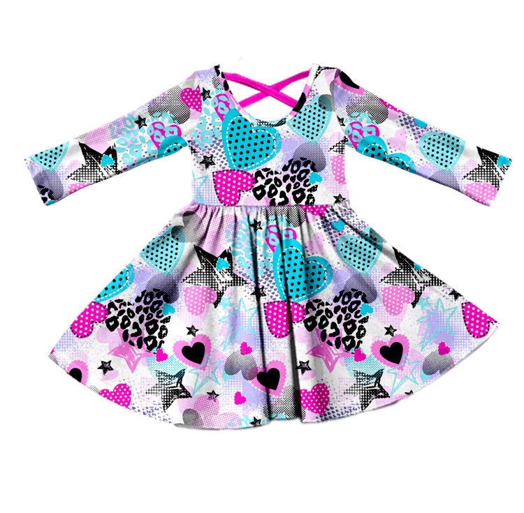(Custom Design Preorder MOQ 5) Star Heart Print Girls Valentine's Knee Length Dress