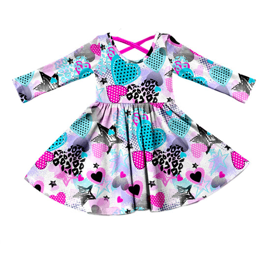 (Custom Design Preorder MOQ 5) Star Heart Print Girls Valentine's Knee Length Dress