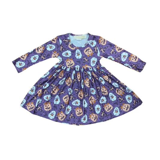 (Custom Design Preorder MOQ 5) Ghost Pumpkin Flowers Print Girls Knee Length Halloween Dress