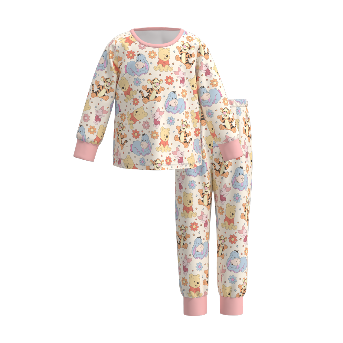 (Custom Design Preorder MOQ 5) Cartoon Bear Flowers Print Girls Pajamas Clothes Set