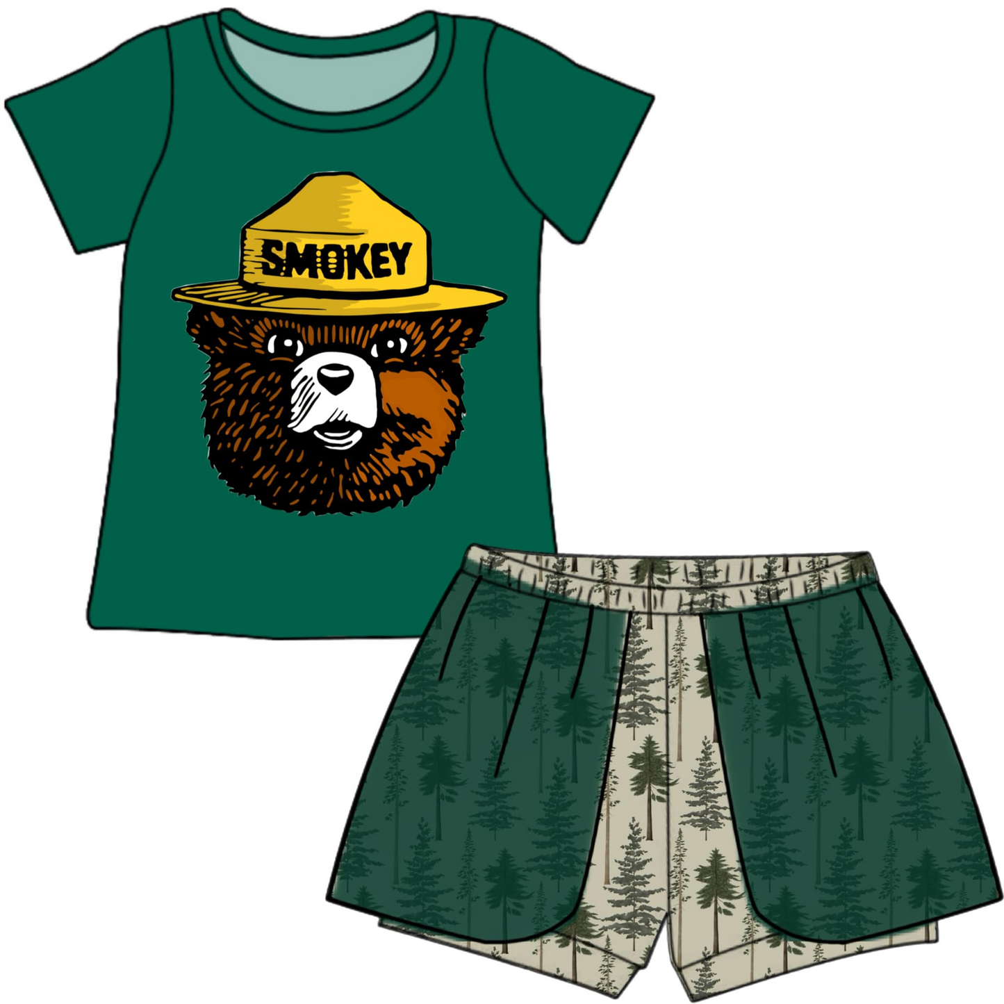 (Custom Design Preorder MOQ 5) Bear Green Print Girls Summer Clothes Set