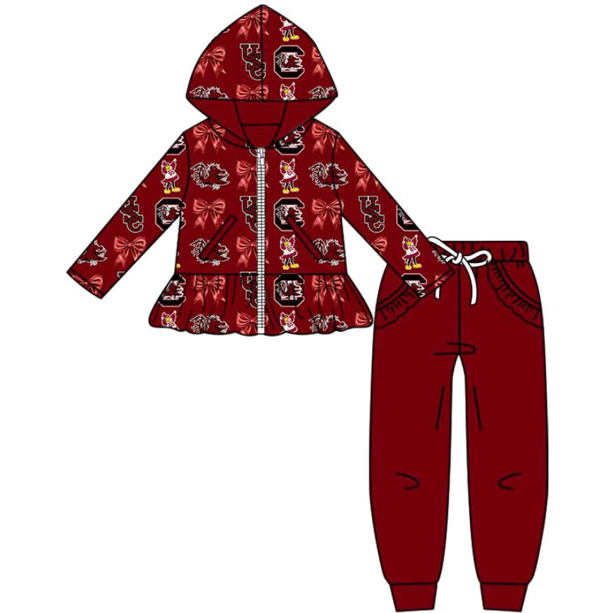 (Custom Design Preorder MOQ 5 Each Item)Team's Gamecock Bows Wine Print Girls Matching Clothes