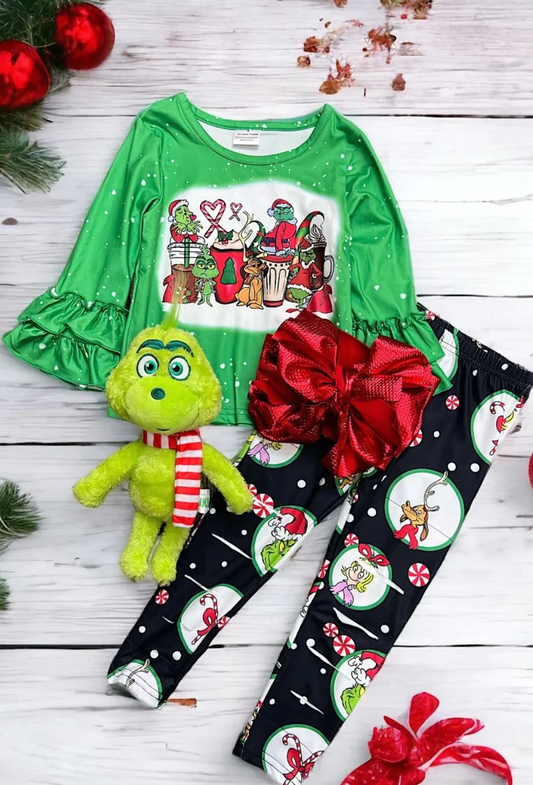 (Custom Design MOQ 5)  Christmas Frog Print Legging Pants Girls Clothes Set