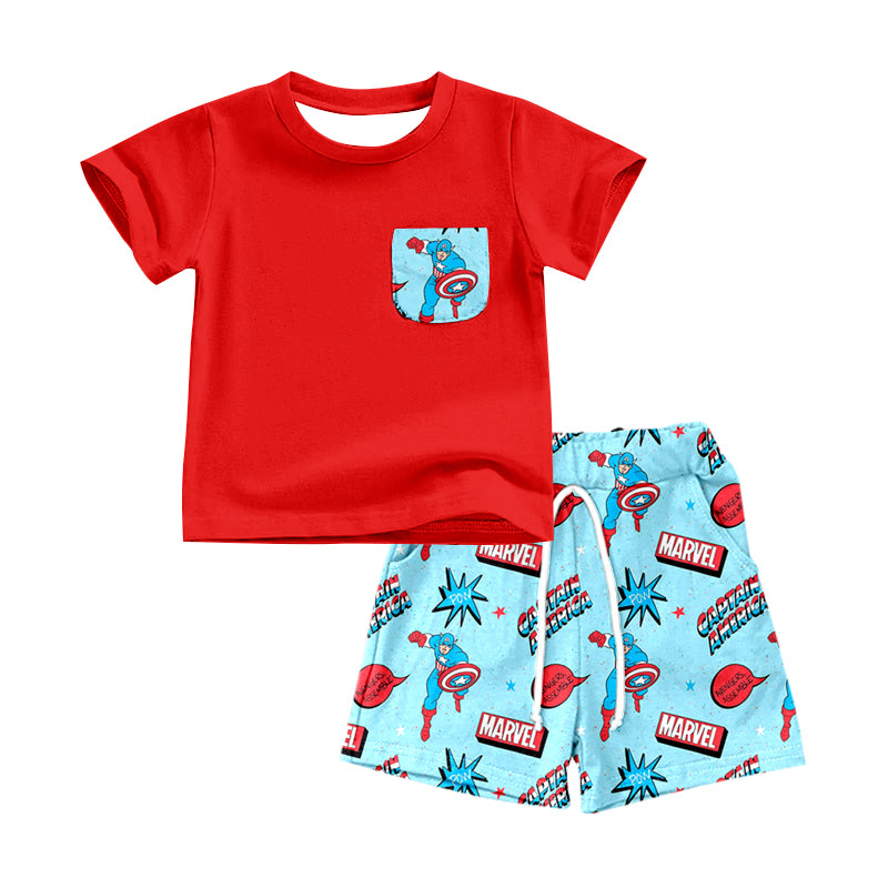 (Custom Design Preorder MOQ 5) Red Pocket Top Hero Shorts Boys Summer Clothes Set