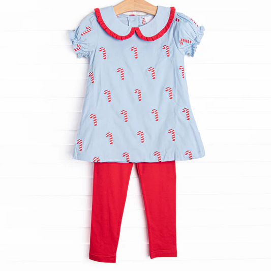 (Custom Design Preorder MOQ 5) Candy Cane Tunic Top Red Legging Pants Girls Christmas Clothes Set