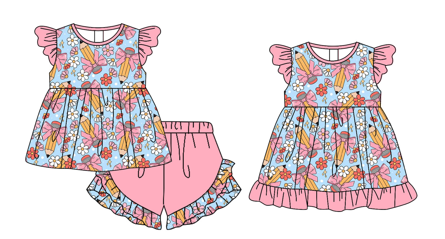 12.23 (Custom Design Preorder MOQ 5 Each Design) Pen Bows Flowers Print Girls Back to School Matching Clothes Sisters Wear