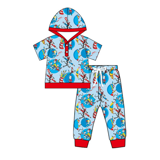 (Custom Design Preorder MOQ 5) Dr.Reading Blue Hoodie Top Pants Boys Fall Clothes Set