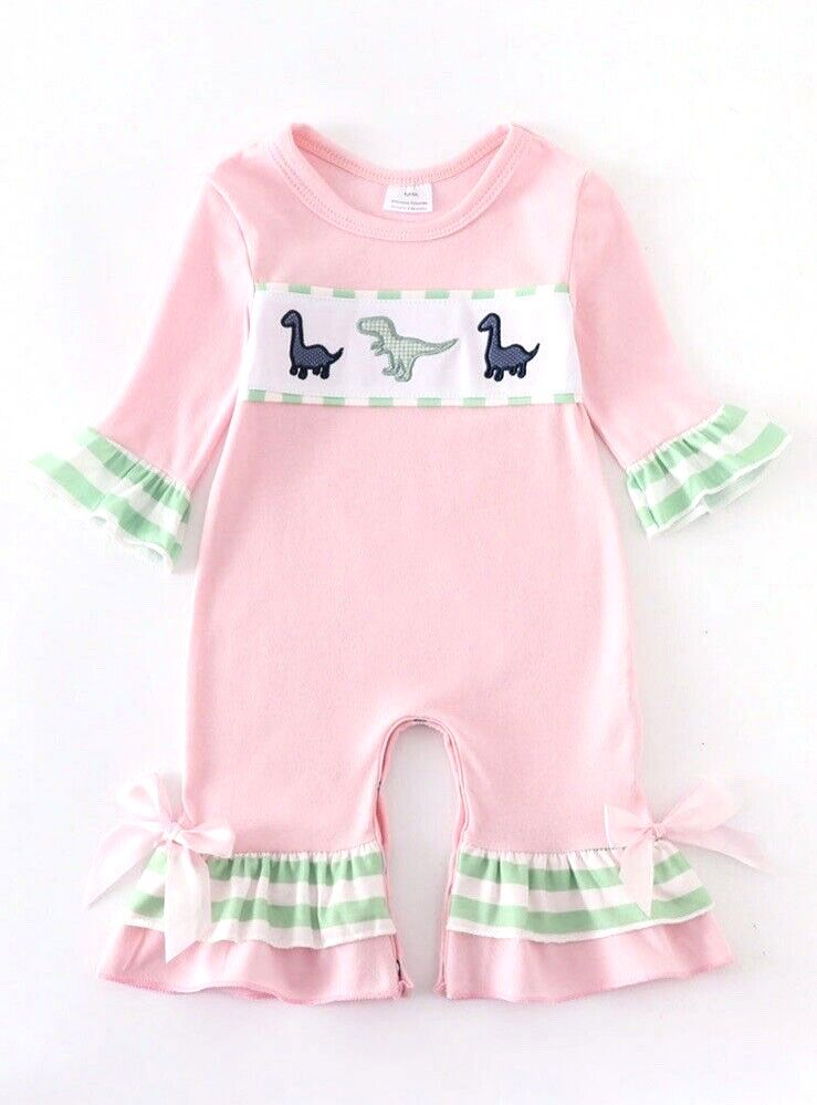 (Custom Design Preorder MOQ 5) Pink Dino Print Baby Girls Romper