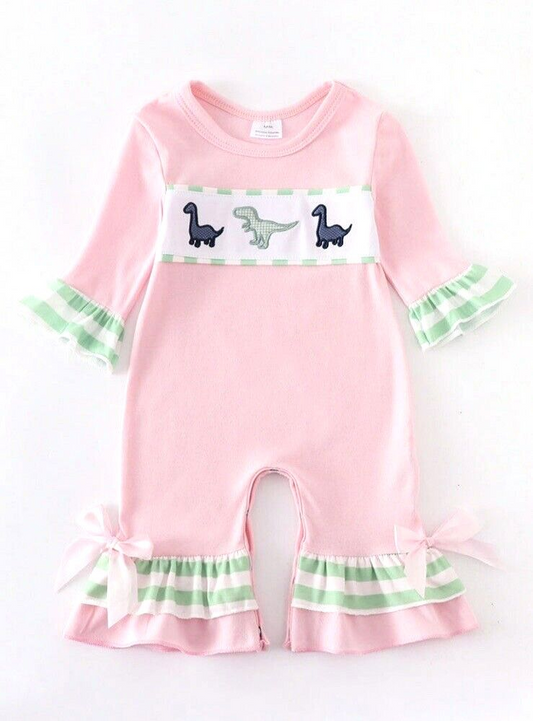 (Custom Design Preorder MOQ 5) Pink Dino Print Baby Girls Romper