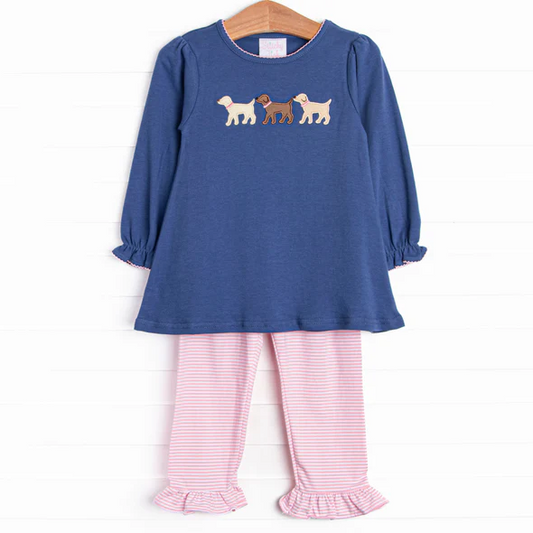 (Custom Design Preorder MOQ 5) Dog Navy Tunic Top Pink Stripes Pants Girls Fall Clothes Set