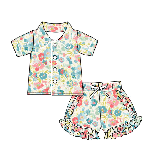 (Custom Design Preorder MOQ 5) Flowers Print Girls Summer Pajamas Clothes Set