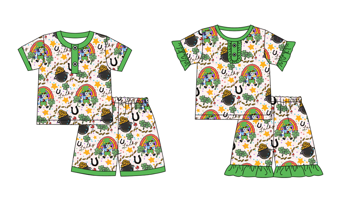 11.7(Custom Design Preorder MOQ 5 Each Design) Cartoon Dog Leef Rainbow Stars Print Kids St. Patrick's Day Matching Pajamas Clothes Set Sibling Wear