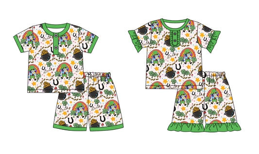 11.7(Custom Design Preorder MOQ 5 Each Design) Cartoon Dog Leef Rainbow Stars Print Kids St. Patrick's Day Matching Pajamas Clothes Set Sibling Wear