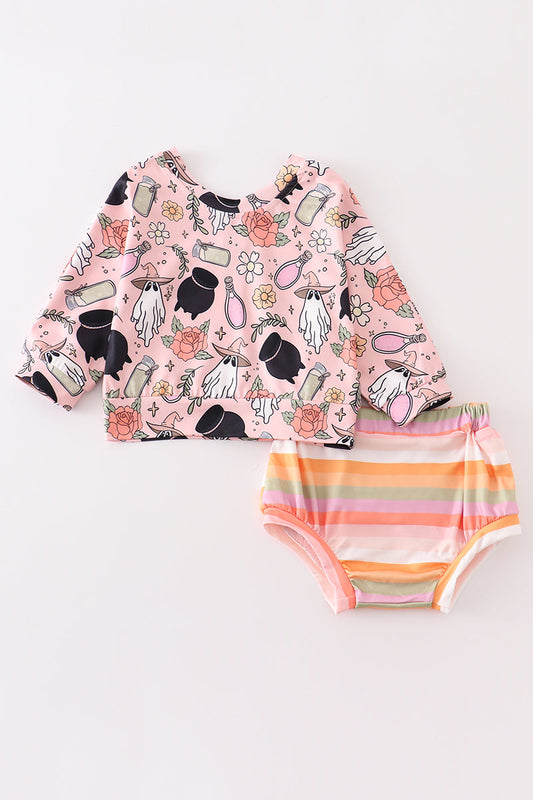 (Custom Design Preorder MOQ 5)  Ghost Flowers Top Stripes Shorts Baby Girls Halloween Bummie Set