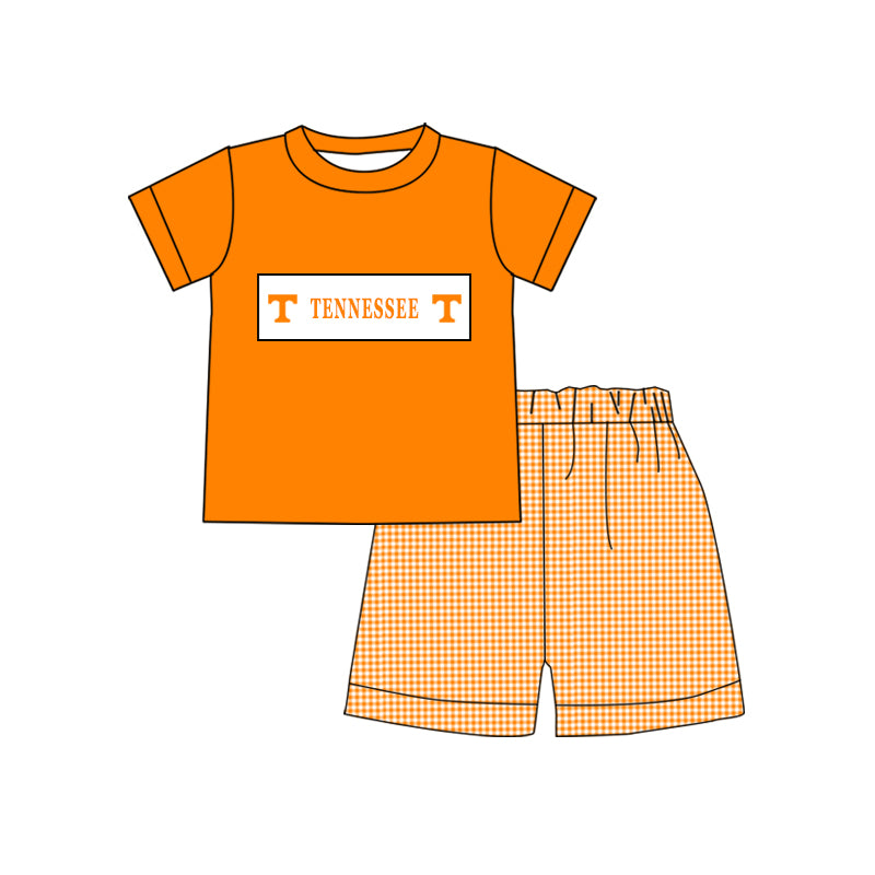 (Custom Design Preorder MOQ 5)Team's TENNESSEE Orange Top Plaid Shorts Boys Summer Clothes Set