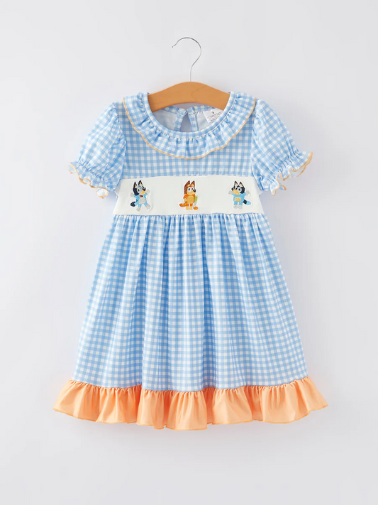 (Custom Design Preorder MOQ 5)  Cartoon Dog Blue Plaid Print Girls Knee Length Dress