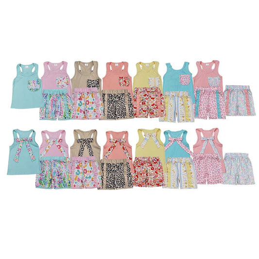 7 Colors Pocket Vest Top Shorts Girls Summer Clothes Set Sisters Wear