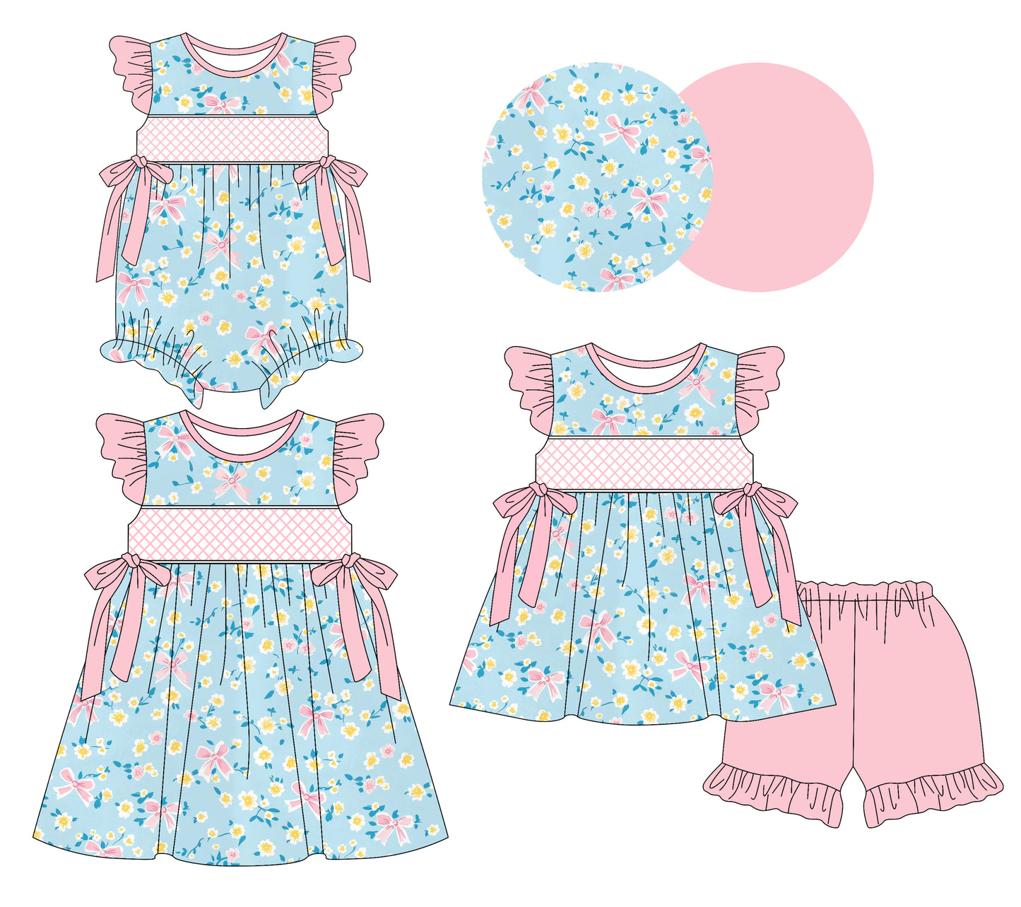3.7(Custom Design Preorder MOQ 5 Each Design) Flowers Pink Bows Blue Print Girls Summer Matching Clothes Sisters Wear