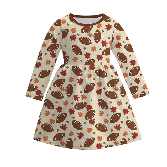 (Custom Design Preorder MOQ 5) Leaf Football Print Girls Knee Length Fall Dress