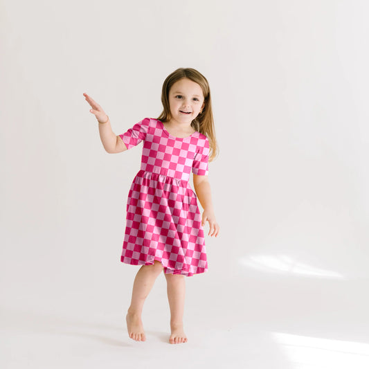 (Custom Design Preorder MOQ 5) Pink Plaid Print Girls Summer Knee Length Dress