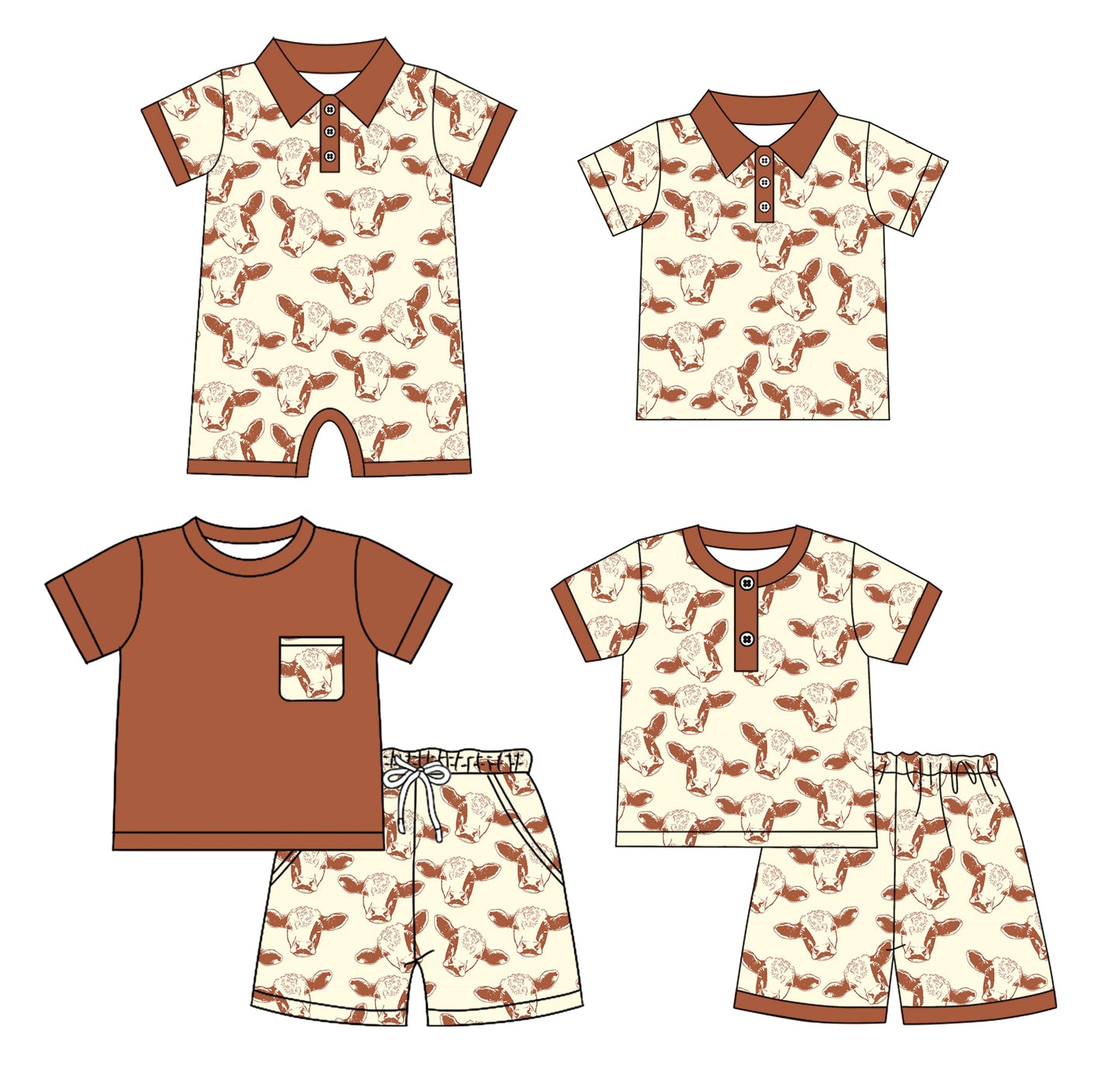 4.14(Custom Design Preorder MOQ 5 Each Design) Cows Brown Print Boys Summer Matching Clothes Brothers Wear