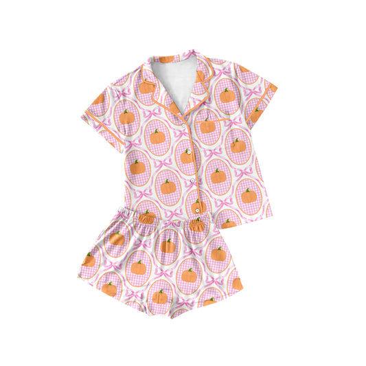 (Custom Design Preorder MOQ 5 Each Design) Pumpkin Bows Print Fall Buttons Pajamas Sets Mom and Me Matching Clothes