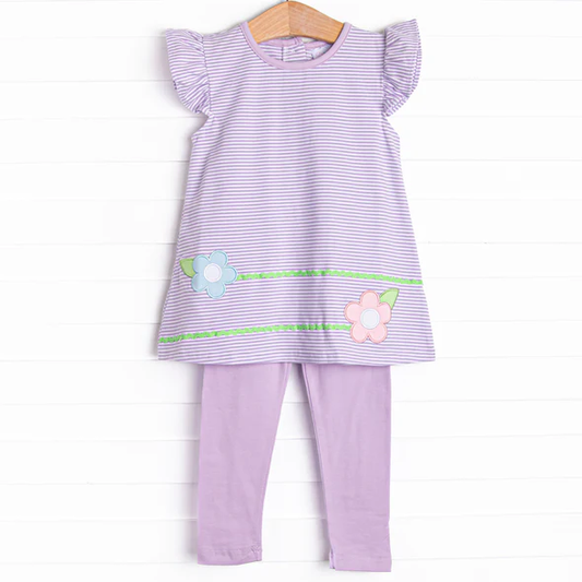 (Custom Design Preorder MOQ 5)  Flowers Stripes Tunic Top Purple Pants Girls Clothes Set