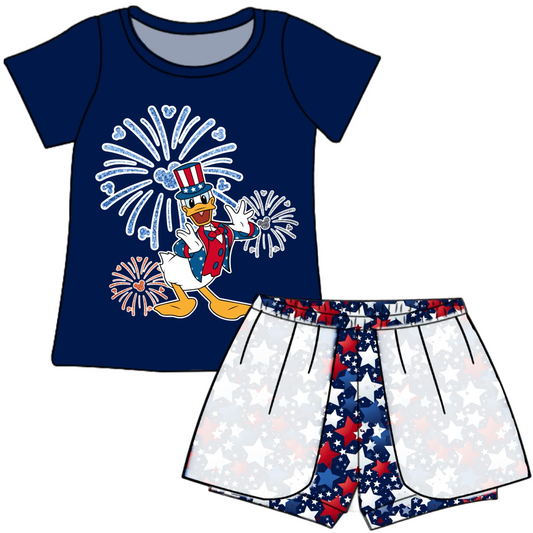 (Custom Design Preorder MOQ 5)  Cartoon Duck Print Girls 4th of July Clothes Set