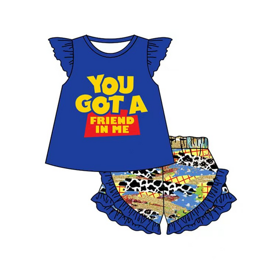 (Custom Design Preorder MOQ 5) You Got A Friend In Me Blue Print Top Cartoon Shorts Girls Summer Clothes Set