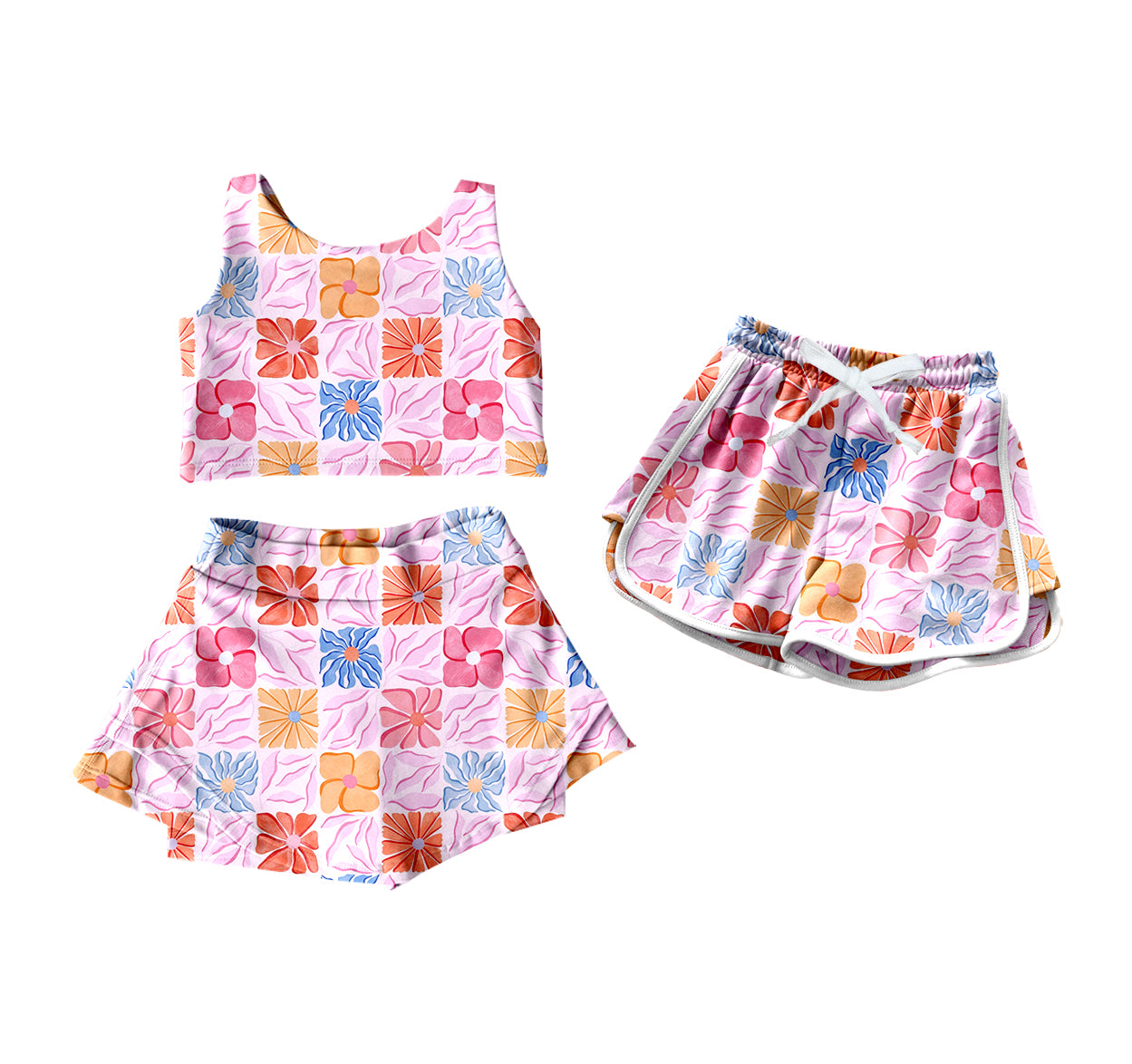 5.6(Custom Design Preorder MOQ 5 Per Item) Colorful Flowers Plaid Print Girls Smmer Yoga Ouutfits & Shorts