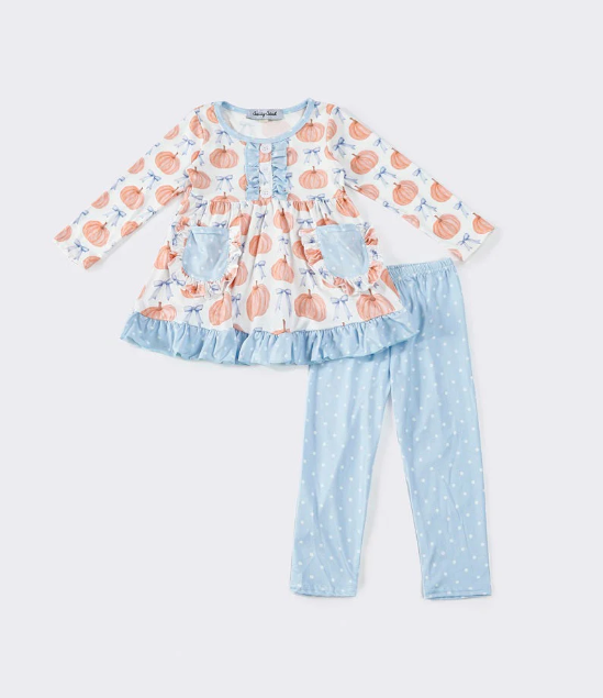 (Custom Design Preorder MOQ 5) Pumpkin Pockets Tunic Top Dots Pants Girls Fall Clothes Set