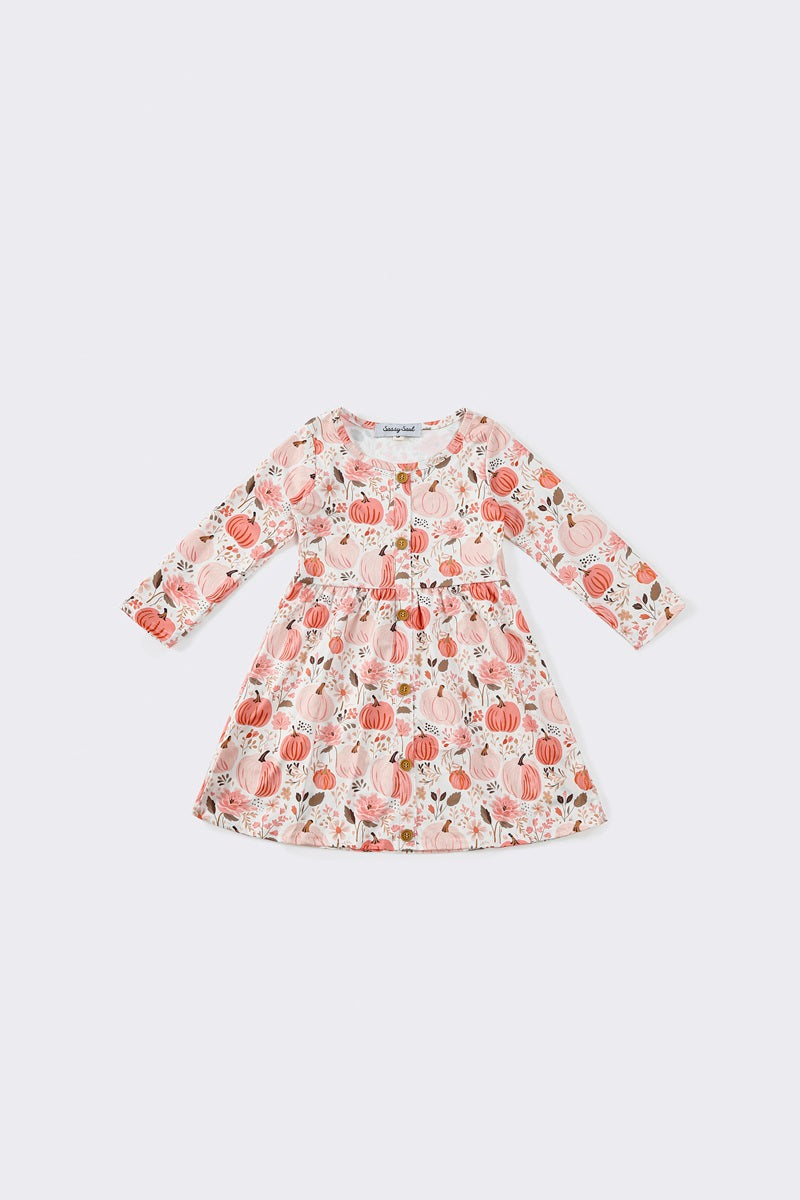 (Custom Design Preorder MOQ 5) Pumpkin Flowers Print Girls Knee Length Fall Dress