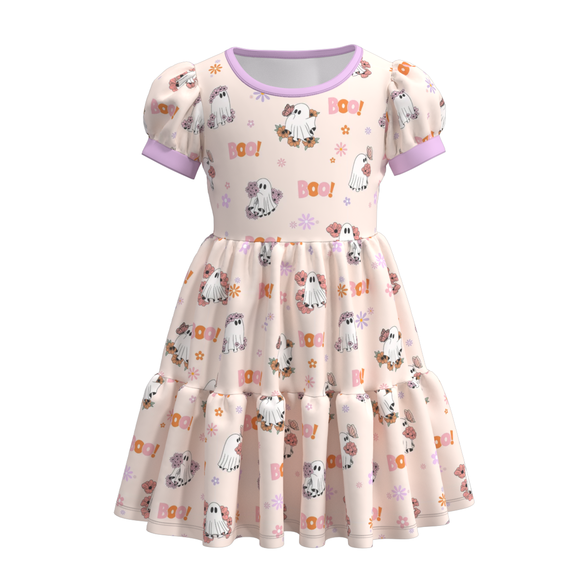 (Custom Design Preorder MOQ 5) Ghost Boo Flowers Print Girls Knee Length Halloween Dress