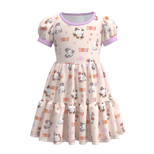 (Custom Design Preorder MOQ 5) Ghost Boo Flowers Print Girls Knee Length Halloween Dress