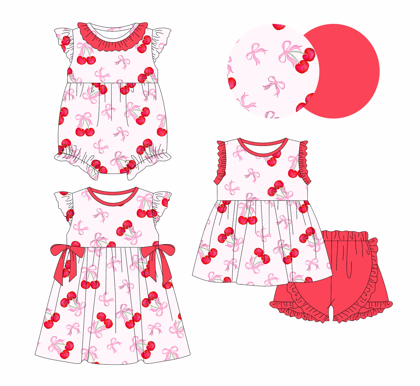 1.4(Custom Design Preorder MOQ 5 Each Design) Cherry Bows Print Girls Summer Matching Clothes Sisters Wear