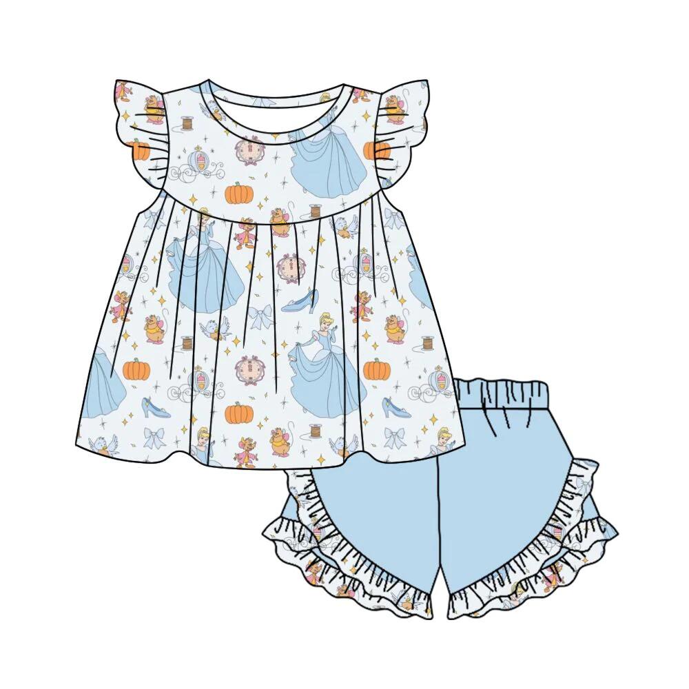 (Custom Design Preorder MOQ 5)  Cartoon Princess Pumpkin Print Ruffle Shorts Girls Summer Clothes Set