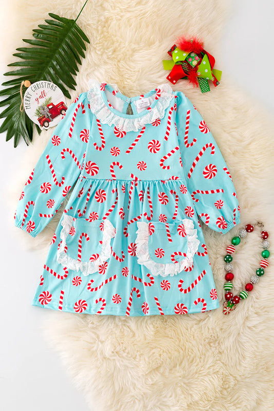 (Custom Design Preorder MOQ 5) Candy Cane Print Pockets Girls Knee Length Christmas Dress