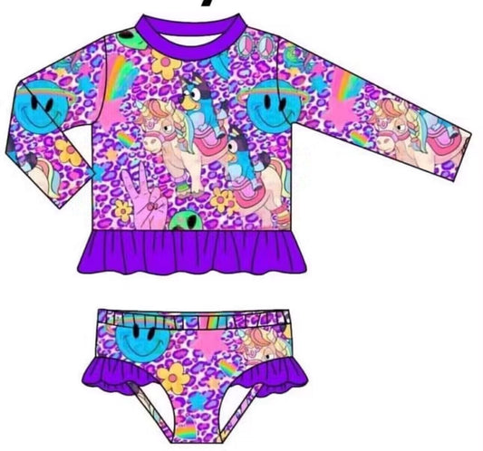 (Custom Design Preorder MOQ 5)  Cartoon Dog Purple Print Girls 2 Pieces Long Sleeve Swimsuits