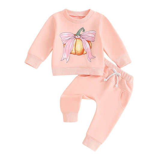 (Custom Design Preorder MOQ 5) Pink Bow Pumpkin Top Pockets Pants Girls Fall Clothes Set