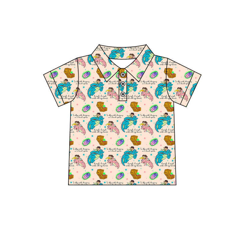(Custom Design Preorder MOQ 5 ) Cartoon Dragon Blue Print Boys Summer Polo Top