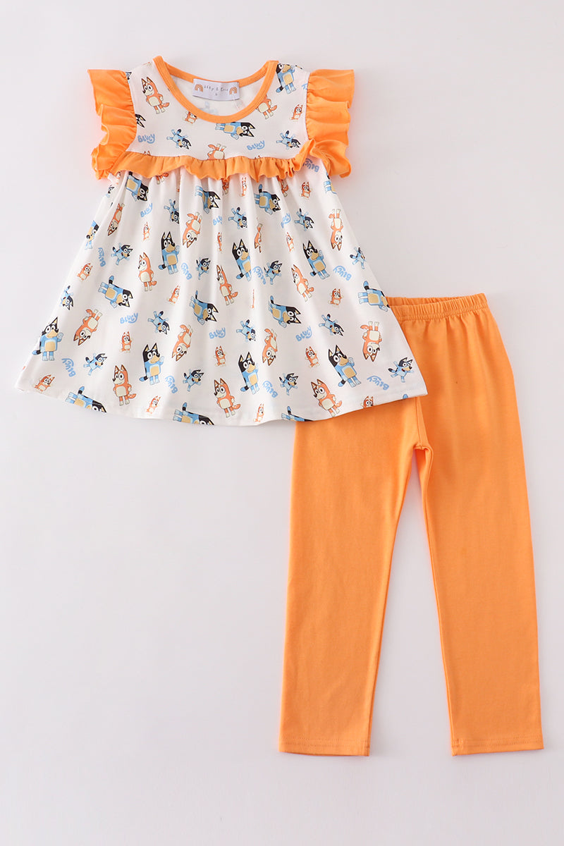 (Custom Design Preorder MOQ 5) Cartoon Dog Tunic Top Orange Pants Girls Clothes Set