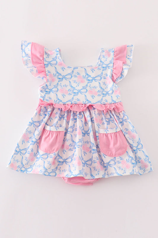 (Custom Design Preorder MOQ 5) Bows Flowers Print Baby Girls Spring Romper