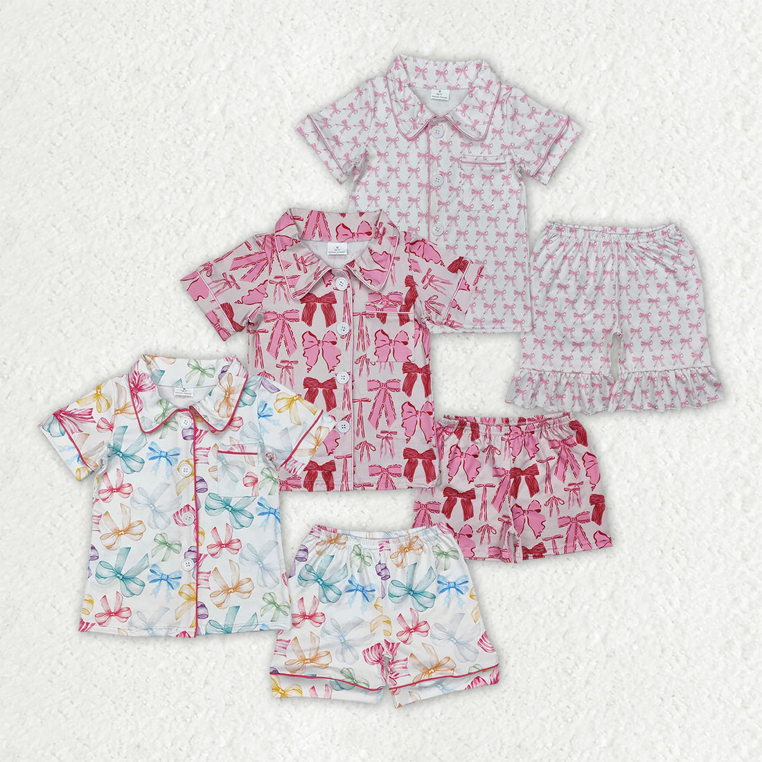 3 Colors Bows Print Girls Summer Buttons Pajamas Clothes Set Sisters Wear