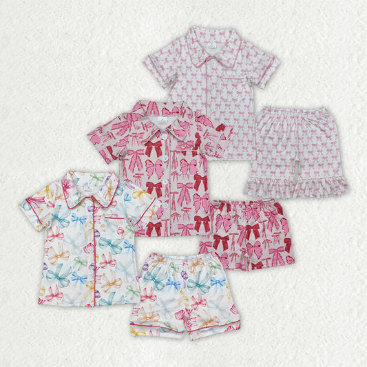 3 Colors Bows Print Girls Summer Buttons Pajamas Clothes Set Sisters Wear